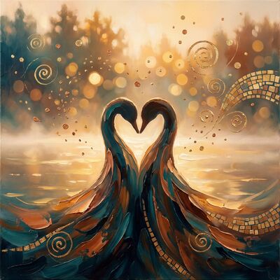 Two Swans Heart on Misty Lake Canvas Wall Art
