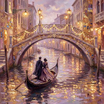 Venetian Bridge Lights Couple Canvas Painting