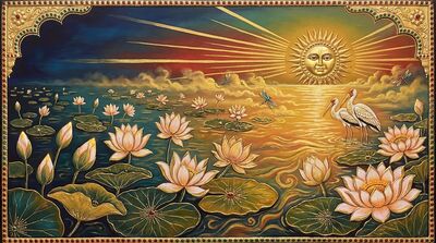 Sunrise Over Sacred Lotus Pond Canvas Painting