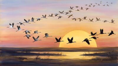 Sunrise Birds Flock Golden Sky Canvas Painting