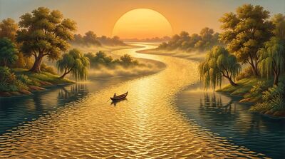 Sunrise Over Wide River Golden Canvas Wall Art