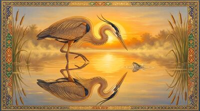 Sunrise Heron Patient Fisher Gold Canvas Painting