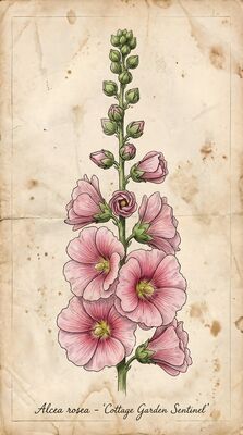 Vintage Hollyhock Tower Botanical Canvas Wall Art