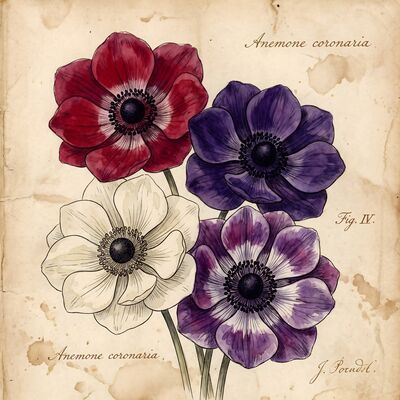 Vintage Botanical Anemone Grouping Canvas Wall Art