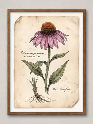 Vintage Botanical Echinacea Cone Canvas Painting