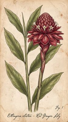 Vintage Botanical Ginger Lily Torch Canvas Wall Art