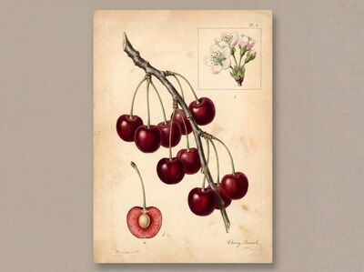 Vintage Botanical Cherry Branch Canvas Painting