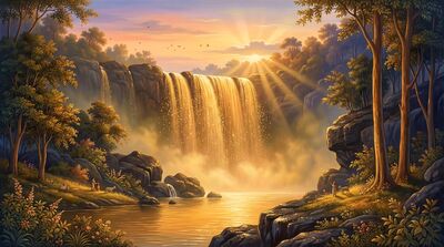Golden Sunset Waterfall Cascade Canvas Painting