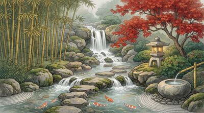 Japanese Garden Waterfall Design Canvas Painting