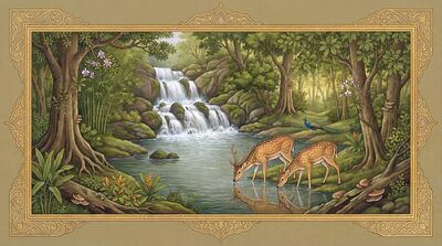 Waterfall with Deer Drinking Canvas Painting