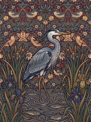William Morris Heron and Bulrush Canvas Wall Art