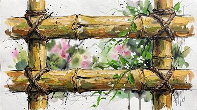 Garden Fence Bamboo Canvas Painting