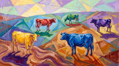 Expressionist Rainbow Herd Five Cows Canvas Painting