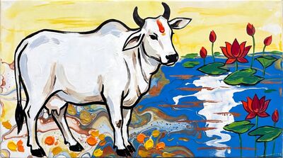 Husain White Cow Lotus Pond Sacred Canvas Painting
