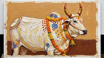 Impasto Festival Decorated Cow Canvas Wall Art