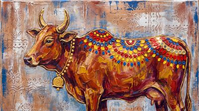 Mixed Media Layered Texture Cow Canvas Painting