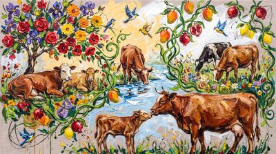 Maximalist Paradise Seven Sacred Cows Canvas Painting