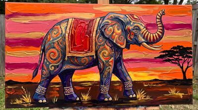 Ceremonial Elephant Sunset Canvas Painting