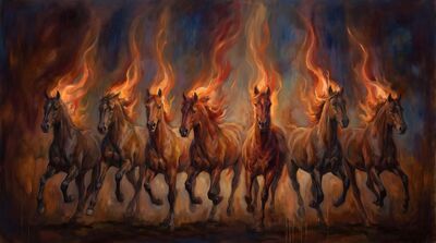 Seven Horses Dissolving Into Fire Canvas Painting