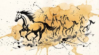 Bold Calligraphic Ink Horses Canvas Painting