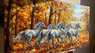 Horses Autumn Forest Impasto Color Canvas Wall Art