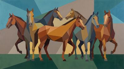 Cubist Geometric Faceted Horses Canvas Painting