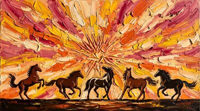 Horse Silhouettes Blazing Impasto Sunrise Canvas Wall Art