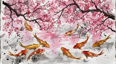 Nine Koi Cherry Blossom Canopy Canvas Wall Art
