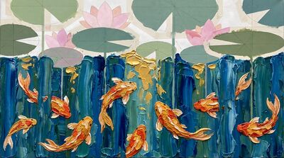Heavy Impasto Koi Lotus Stems Canvas Wall Art
