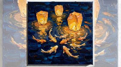 Nine Koi Night Floating Lanterns Canvas Wall Art