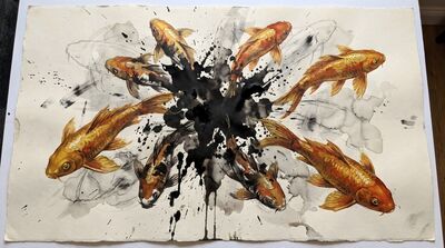 Explosive Mixed Media Radial Koi Canvas Wall Art