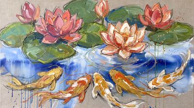 Semi Abstract Lotus and Koi Merged Canvas Painting