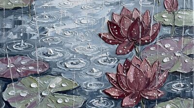 Rain on Lotus Pond Impasto White Canvas Wall Art