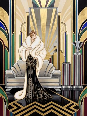 Art Deco Fur Stole Evening Gown Canvas Painting