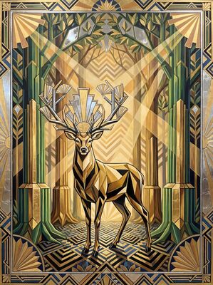 Art Deco Deer in Forest Geometric Canvas Painting