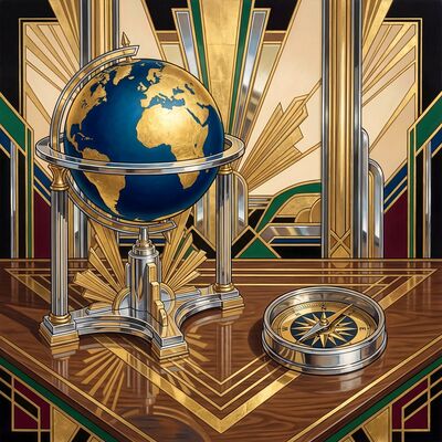 Art Deco Globe and Compass Canvas Wall Art