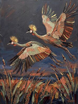 Crowned Crane Flight Canvas Wall Art