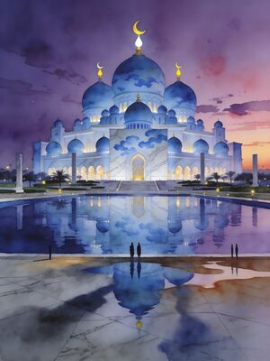 Abu Dhabi Grand Mosque Reflecting Pools Watercolor Canvas Print