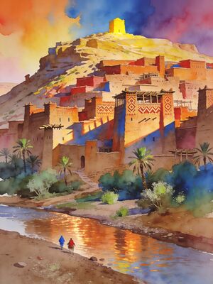 Ait Benhaddou Kasbah Across the River Watercolor Canvas Print