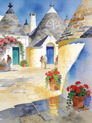 Alberobello Morning Lane Mist Watercolor Canvas Print