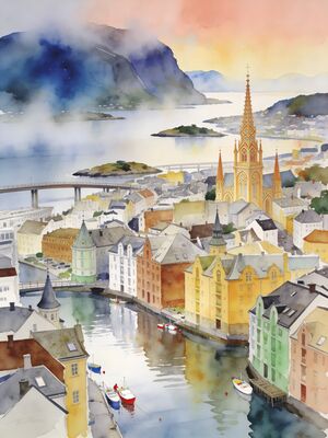 Alesund Art Nouveau Waterfront Watercolor Canvas Print