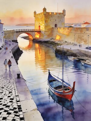 Algarve Lagos Harbor Watercolor Canvas Print