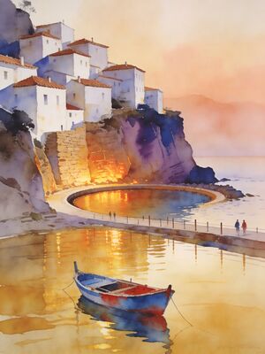 Algarve Benagil Sunset Shore Watercolor Canvas Print
