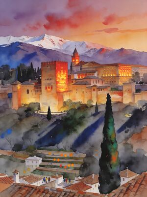 Alhambra Palace Granada Watercolor Canvas Print
