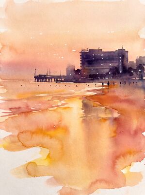 Alicante Sunset Shore Watercolor Canvas Print