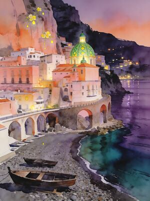 Amalfi Coast Morning Cove Watercolor Canvas Print