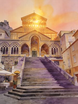 Amalfi Town Cathedral Steps Watercolor Canvas Print