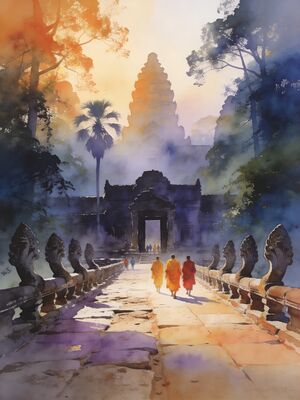 Angkor Wat Sunrise Reflected in Moat Watercolor Canvas Print