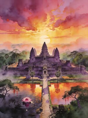 Angkor Wat Causeway with Monks Watercolor Canvas Print