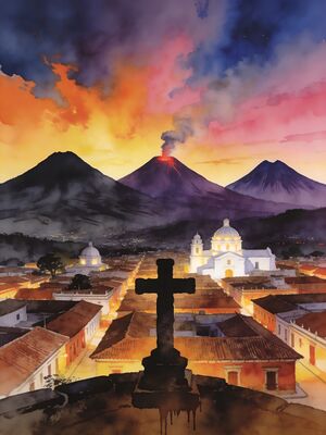Antigua Guatemala Three Volcanoes Sunset Watercolor Canvas Print
